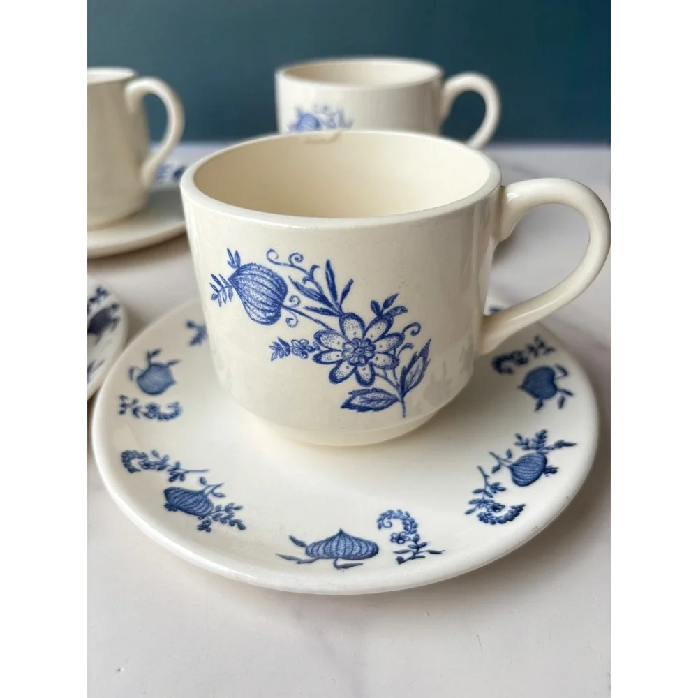 Vintage USA Blue Onion SCIO Tea Cup and Saucer Set of 4 Floral White Blue